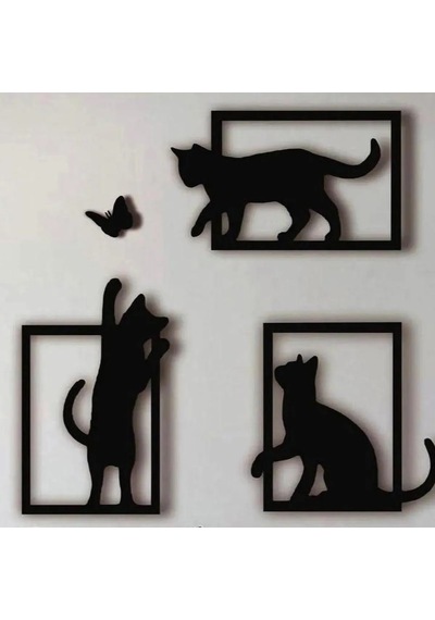 Storeşahin 3d Baskı Kedi Ve Kelebek Duvar Dekoru 3'lü Set Siyah Kedi Silüeti Duvar Süsü Shn0720
