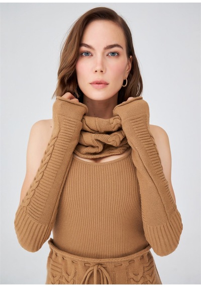 Peraluna Saç Örgü Desenli Uzun Kadın Triko Eldiven Camel Camel-Standart Camel