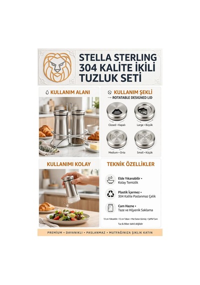 İkili Tuzluk Biberlik Seti 13 Cm 18/10 304 Paslanmaz Çelik Standlı Cam Baharatlık 723495 Diğer