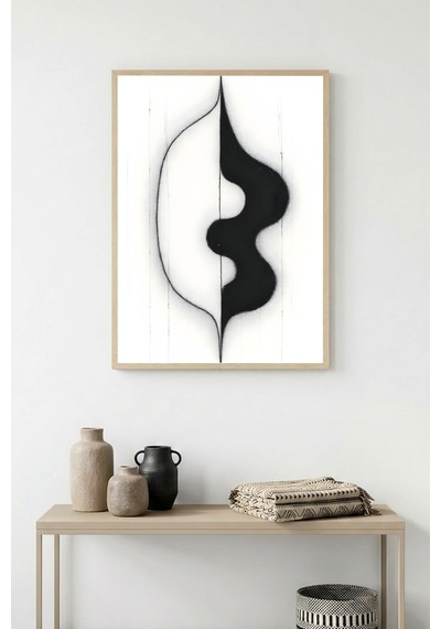 Doğal Ahşap Çerçeveli Soyut Siyah-beyaz Desenli Tablo - Minimal Huhu1193