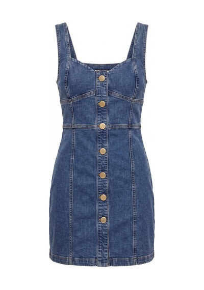 CEMO Kadın Jean Mini Elbise Askılı Düğmeli Denim Elbise Mavi