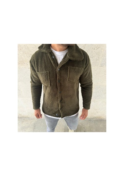 Butik İstanbul Erkek Pelüş Polar Hırka Gömlek Yakalı, İlik Düğmeli, Göğüs Cepli, Yumuşak Dokulu Kışlık Regular Fit Rahat Günlük Model - Haki