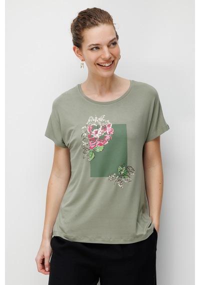 Kadın Sıfır Yaka Önü Payet Güllü Penye T-shirt Haki Haki