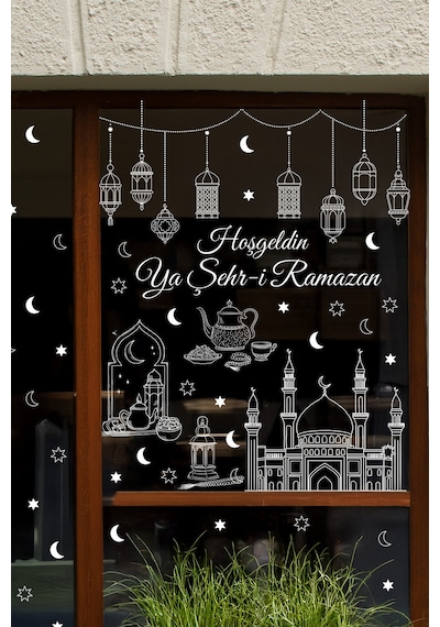 Ramazan Cam Sticker Seti Hoşgeldin Ya Şehr-i Ramazan Yazılı, Çift Taraflı Şeffaf Pencere Süsü Dijital Baskı