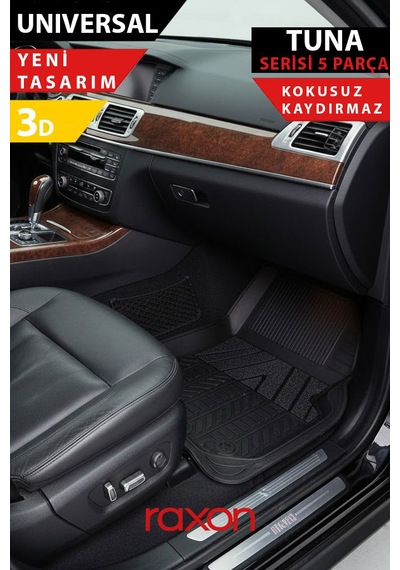 Universal Siyah Tuna Serisi 5 Parça Oto Paspas Seti Dayanıklı, Kaymaz & Kolay Temizlenir