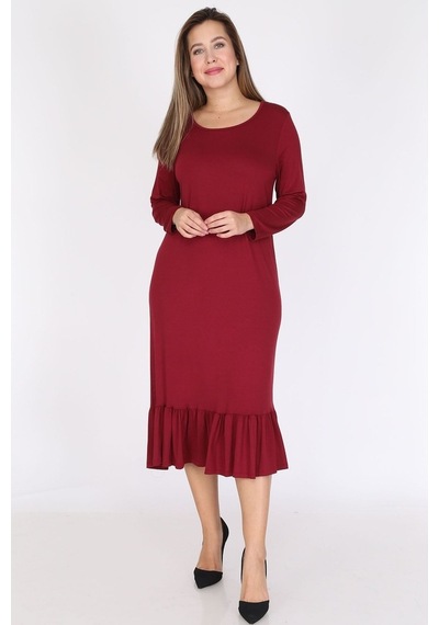 Bordo Uzun Kollu Büyük Beden Elbise 12C-0786 Bordo