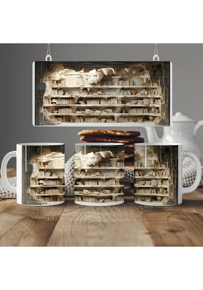 3 Boyutlu Kitap Koleksiyonu Kupa Bardak - 3d Kütüphane Temalı - Kabartmasız Beyaz