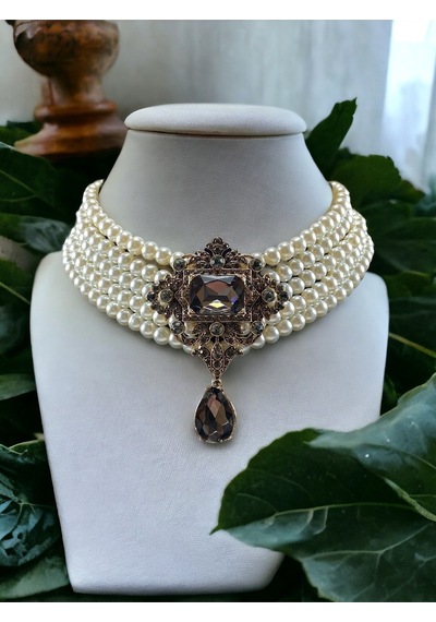 Baget Ve Su Damlası İnci Choker Tasma Kolye Vizon