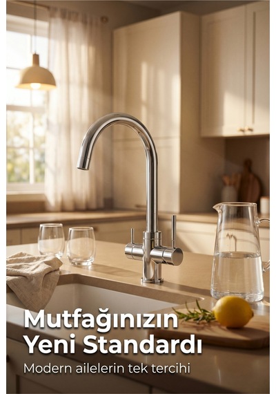 Likuan Mutfak Bataryası 3 Yollu Tri-flow Led Göstergeli Krom Kuğu Boynu Nsf Sertifikalı