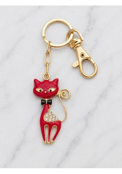 Cats & Meow Kırmızı Mine Kedi Figürlü Anahtarlık Kristal Taşlı Altın Renk Çanta Aksesuarı Altın - Kırmızı