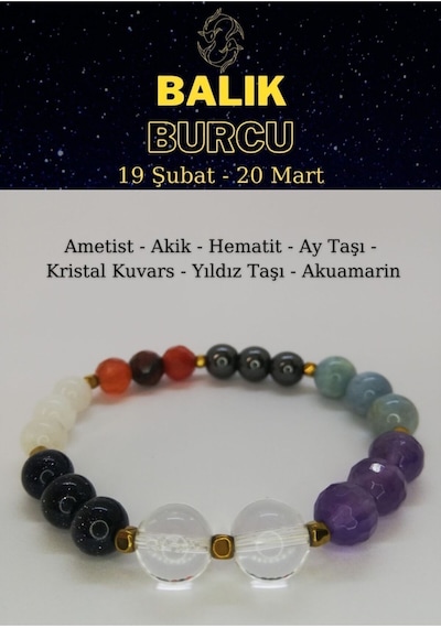 Balık Burcu Bilekliği Ametist, Akik, Aytaşı, Kristal Kuvars, Akuamarin, Yıldız Taşı, Hematit Çok Renkli
