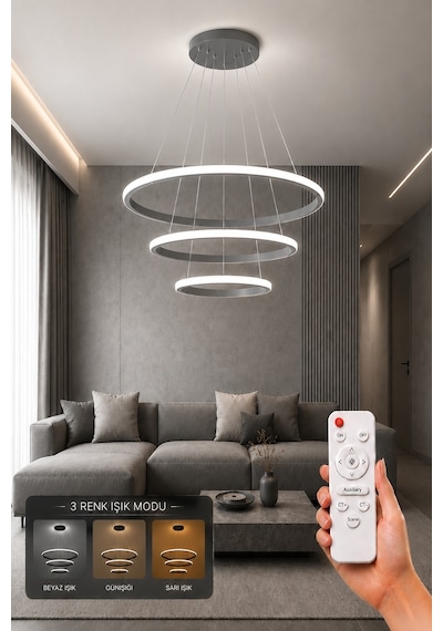 Rizon 3 Lü Led Sarkıt Avize 3 Renk Kumandalı Gri