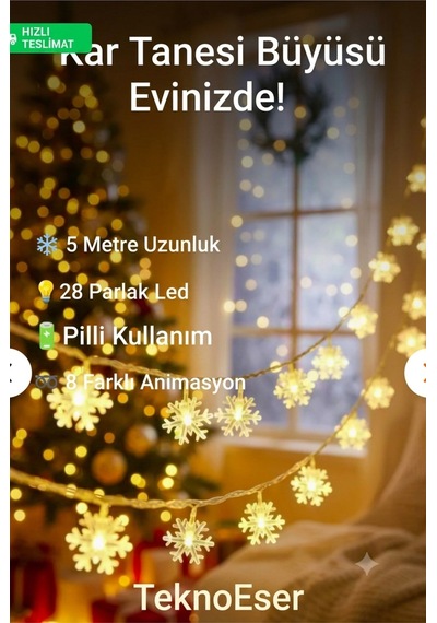Kar Tanesi Led Işık Zinciri 5 Metre Pilli Noel Yılbaşı Dekorasyon Şeffaf Kablo 28 Led