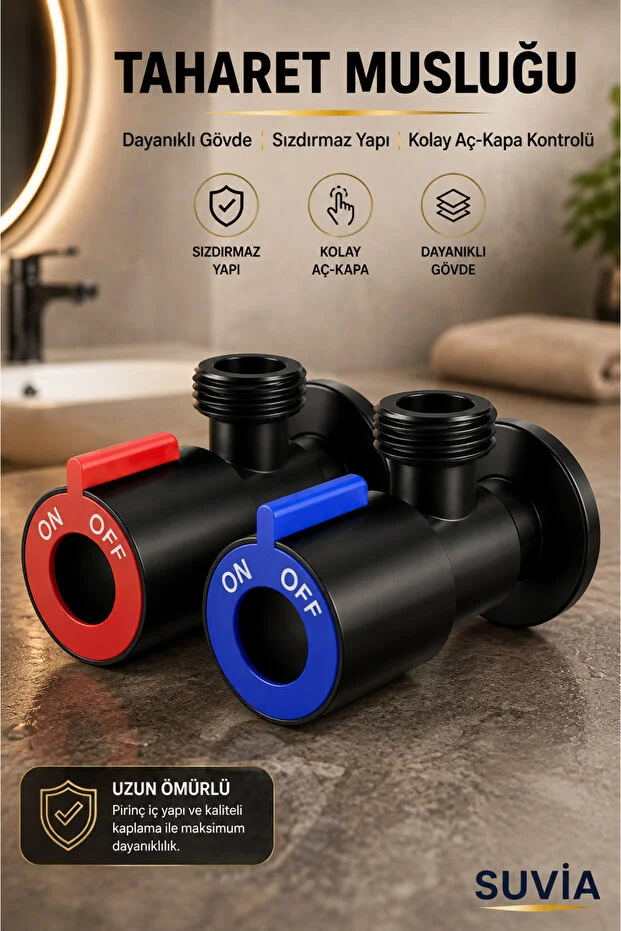 Taharet Musluğu 2'li Set Siyah 2 Adet 50 Cm Flex Hortum Ayna On Off Sızdırmaz