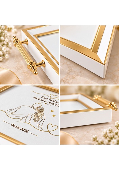 Bk Gift Kişiye Özel Beyaz&gold Söz Nişan Tepsisi-8 - 39x23 Cm Çok Renkli