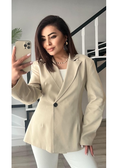Bej Volanlı Bel Oturtmalı Blazer Ceket Bej