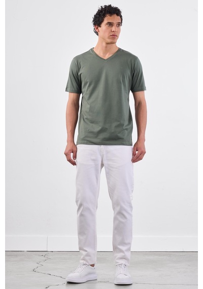 Dufy Haki V Yaka Pamuklu Düz Renk Slim Fit Erkek T-shirt Haki