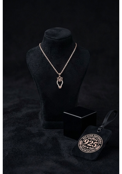925 Ayar Zirkon Taşlı Rose Minimal Baykuş Gümüş Kolye Gümüş - Rodyum