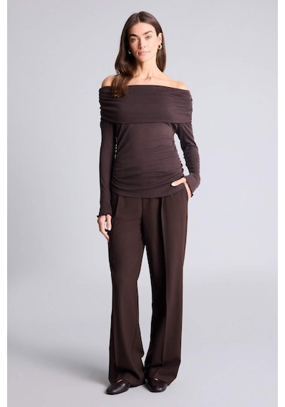 Defacto Slim Fit Omzu Açık Ribana Tişört Kahve