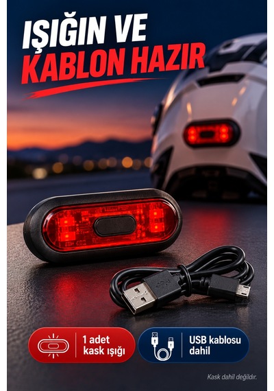 Usb Şarjlı Kırmızı Led Kask Işığı Açma Kapama Düğmeli Siyah Oval Kask Flaşörü Usb Kablolu 8,8x3,7 Cm