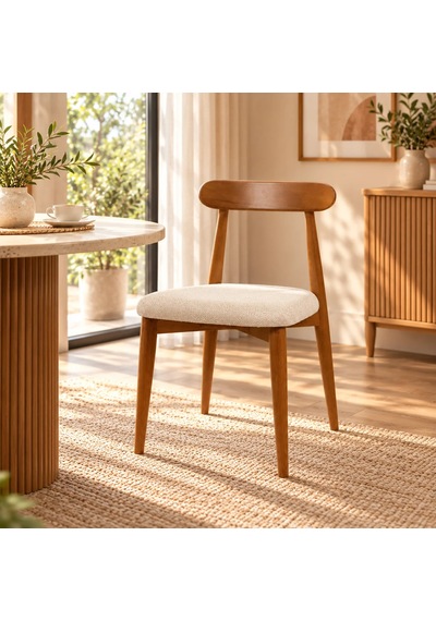 Ganni Home Oslo Sandalye Tekli Krem Ceviz Gürgen İskeletli, Kolay Silinebilir Kumaşlı Modern Yemek Sandalyesi Krem-ceviz