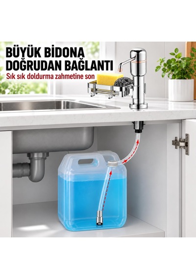 Valkyrie 2 Si 1 Arada Mutfak Sıvı Sabunluk Ve Süngerlik Seti Tezgah Üstü Pompalı Dispenser 360 Döner Gümüş