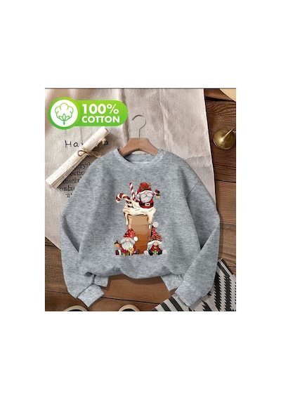 Herkesemoda Christmas Theme Baskı Detaylı Bisiklet Yaka Sweatshırt Gri