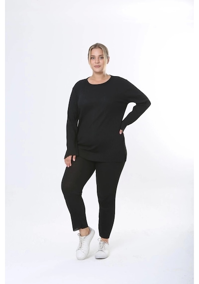 Modasehle Büyük Beden Uzun Kollu Yüksek Bel Beli Lastikli Yırtmaçlı Pijama Takım Siyah Uzunkol