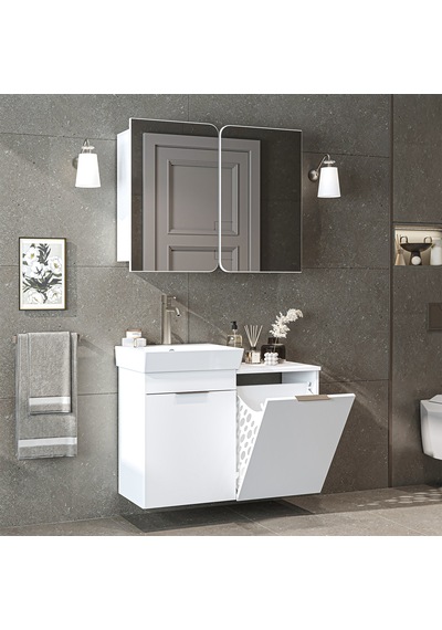 Dubai Sepetli Mdflam Banyo Dolabı, Lavabolu Banyo Alt Dolabı + Aynalı Banyo Üst Dolabı Takımı Beyaz