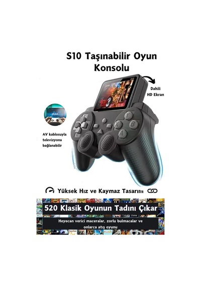 S10 Mini Çift Kolu Taşınabilir 520 Oyunlu Kablosuz Oyun Konsolu Atari Media Player Medya Oynatıcı Siyah - 624146455