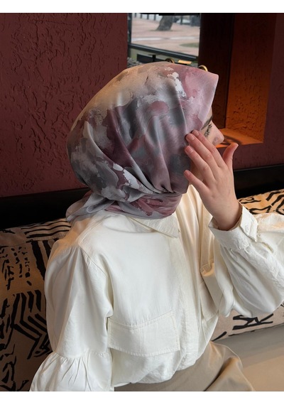 Qalortex Scarf Pamuklu Soft Roza Desen Eşarp-gumus/gul Kurusu gül kurusu