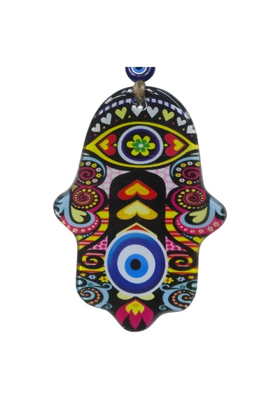 Renkli Cam Hamsa Eli Duvar Dekoru - Nazar Boncuklu Jüt İpli Süs 10x15 Cm