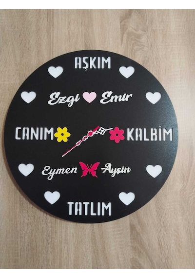 Sevgiliye Özel Hediye Kişiye Özel İsim Yazılı Duvar Saati Siyah