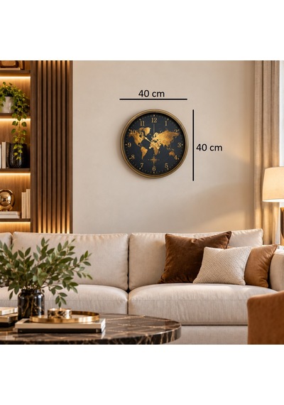 Eskitme Atlas Dünya Haritalı 40 X 40 Cm Siyah Metal Duvar Saati