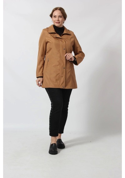 Moda Berray 1616 Fermuarlı Cep Detaylı Kapuşonlu Bondit Ceket Camel