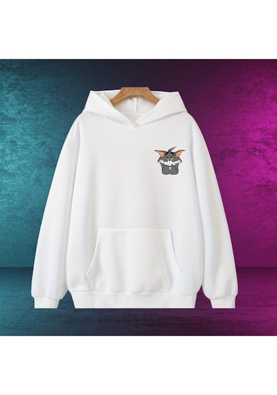 Tom Baskılı Oversize Unisex Kapüşonlu Sweatshirt Beyaz