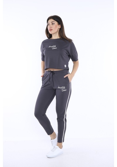 Kadın-alt-üst T-shirt Takım, Rahat Kesim-3827 - S Füme