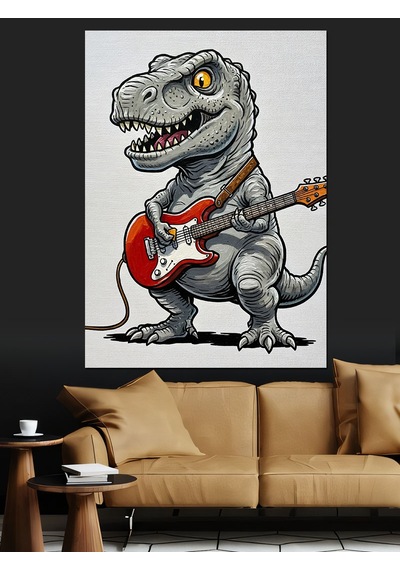 Dinozor Gitar Çalan Müzisyen Dekoratif Kanvas - Mdf Ahşap Tablo