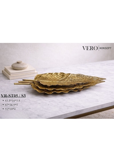 Vero Konsept Lüks Antik Gold 3 Lü Yaprak Tasarım Sunum Seti Vr-st05 - Ferforje Tepsi Takımı