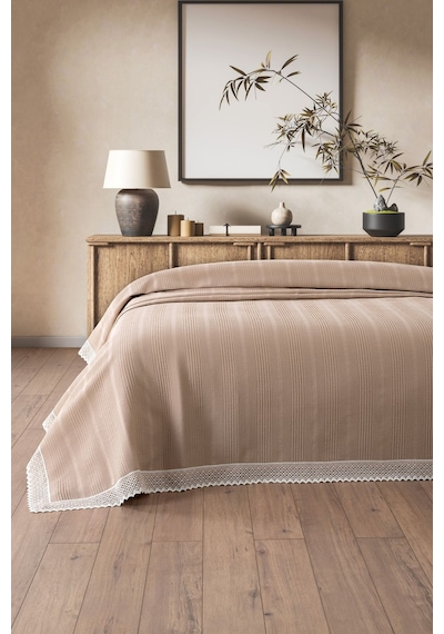 Tek Kişilik İki Renkli Kopanaki Dantelli Petek Pike - Waffle Dokuma -160x230 Cm-kapuçino Cappuccıno Cappuccino