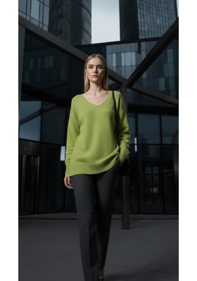 V Yaka Oversize Triko Tunik Yeşil Yeşil