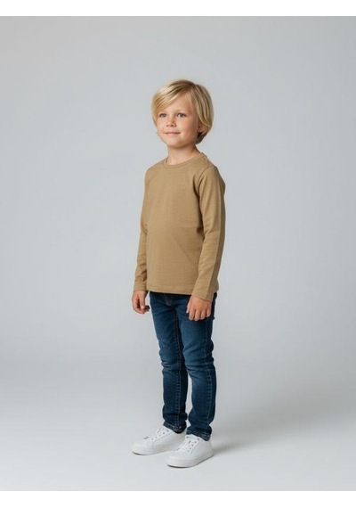 Zekids Erkek Çocuk Pamuklu Bisiklet Yaka Uzun Kollu Basic T-shirt-16775 Bej