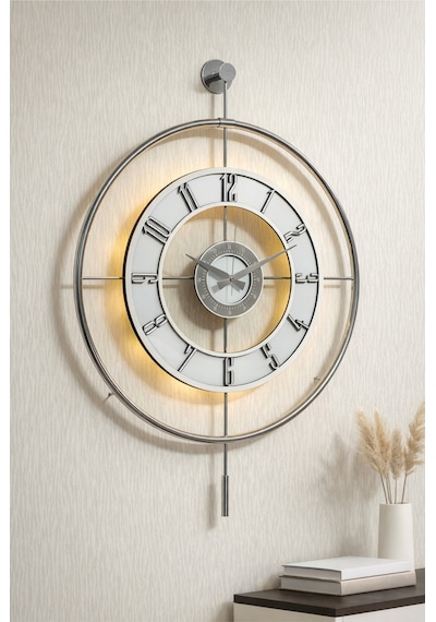 Pey Aksesuar Metal Camlı Duvar Saati Krom Toz Boya 60x80cm Büyük Boy Işıklı Gerçek Cam Duvar Saati Modern Tasarım M61-kromgrı-şeffaf-beyaz-gümüş