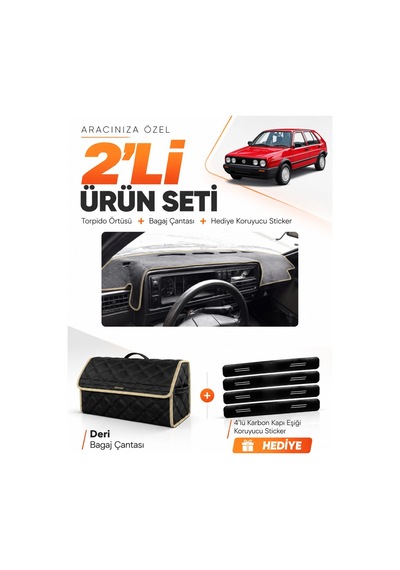 Volkswagen Golf 2 1983-1992 Uyumlu Torpido Örtüsü + Deri Bagaj Çantası + Sticker Seti - Siyah Bej