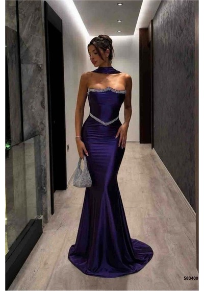 Lior Design Kadın Trend Model Kruvaze Yaka Şık Abiye Elbise Mor