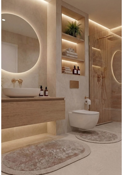 Modern Jüt Kenar Çerçeveli Peluş Banyo Halı Seti Kaymaz Taban 2 Li 100x60-60x60 Daire Vizon
