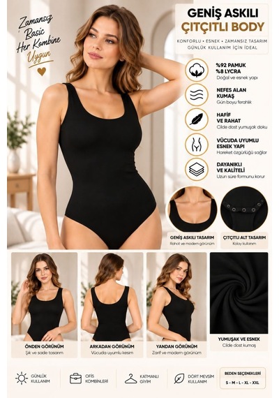 Kadın Geniş Askılı Çıtçıtlı Body Siyah, Esnek Kumaş, Vücuda Oturan Basic Kadın Body - Ryl - 2701 Diğer