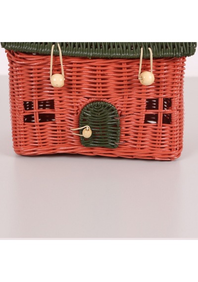Mylamp Renkli Ev 23x20x13 Cm. Rattan Ev Dekoratif Çanta- Sepet Yeşilkırmızı
