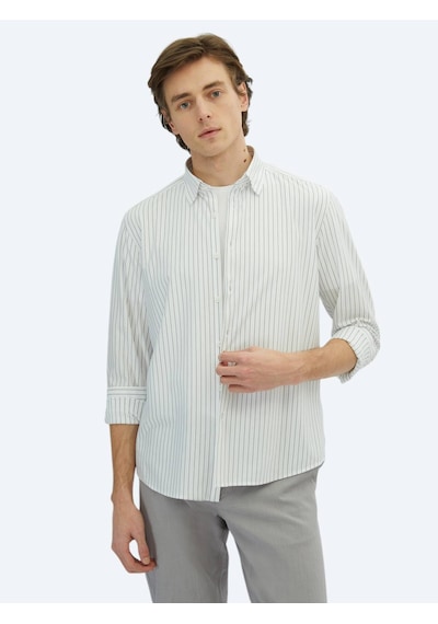 Kip Siyah Çizgili Regular Fit Casual Pamuk Karışımlı Gömlek Siyah
