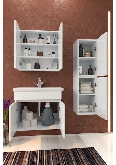 Makbulce Tokyo Havlu Dolaplı 65cm Seramik Lavabolu Mdf Aynalı Banyo Dolabı Beyaz Makbulce Tokyo Havlu Dolaplı 65cm Seramik Lavabolu Mdf Aynalı Banyo Dolabı Beyaz